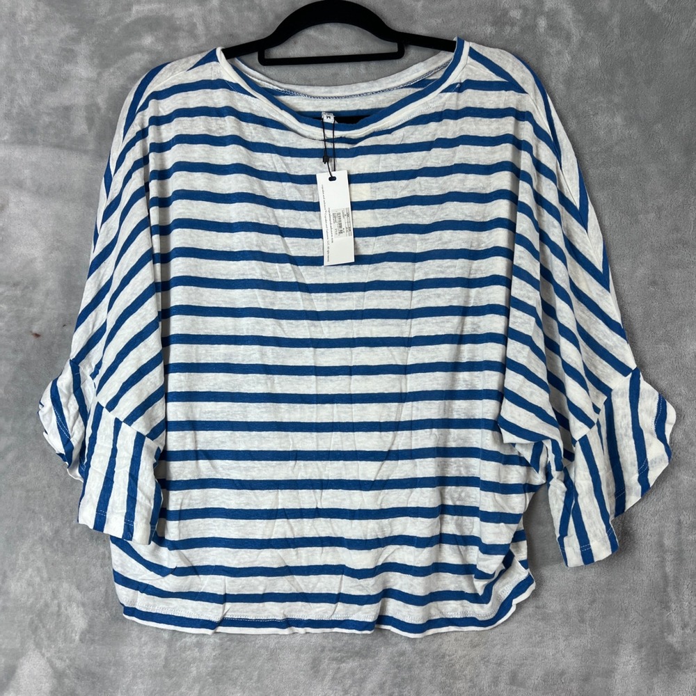 Anthropologie Cupcakes and Cashmere Blue White Striped Linen Blend Top M - Picture 3 of 9